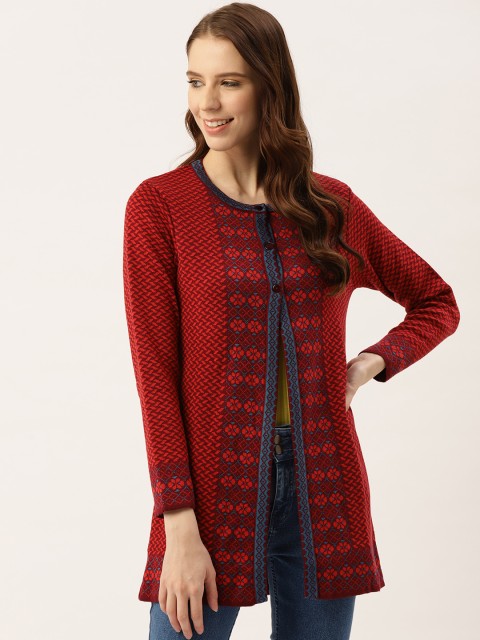 

American Eye Women Burgundy & Coral Red Self Design Longline Cardigan