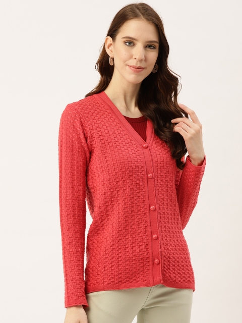 

American Eye Women Coral Orange Self Design Cardigan