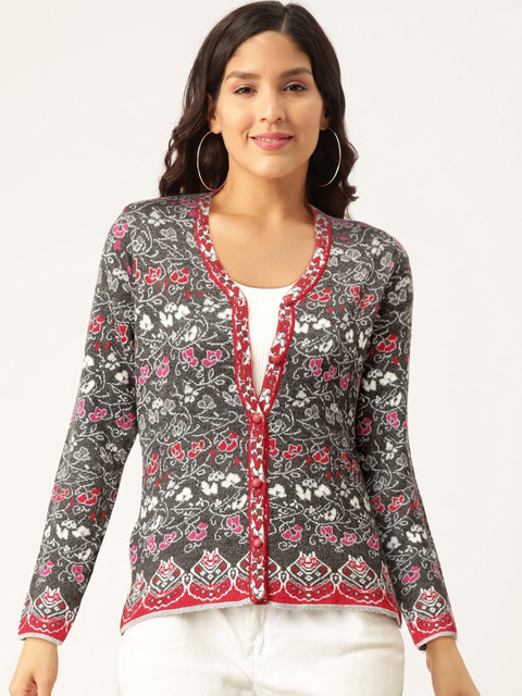 

American Eye Women Charcoal Grey & Off-White Self Design Cardigan