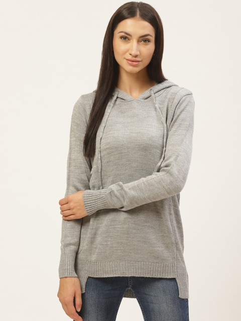 

American Eye Women Grey Melange Solid Hooded Pullover Sweater