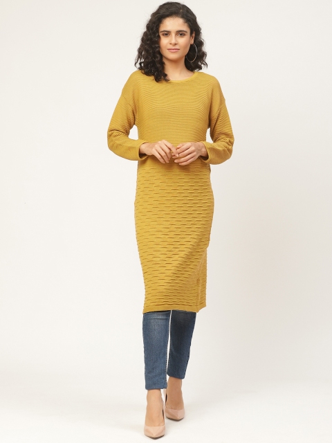 

American Eye Women Mustard Yellow Self-Design Longline Sweater