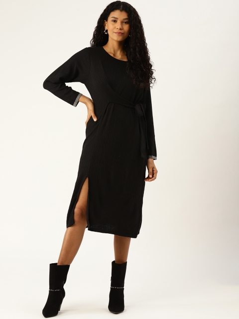 

American Eye Women Black Self-Striped Sweater Dress