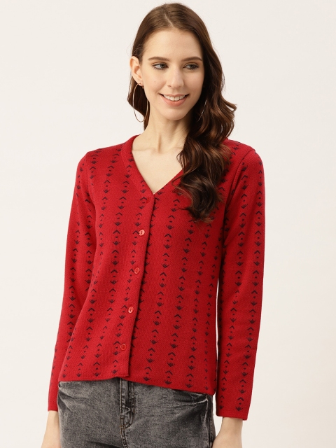 

American Eye Women Red & Navy Self Design Cardigan