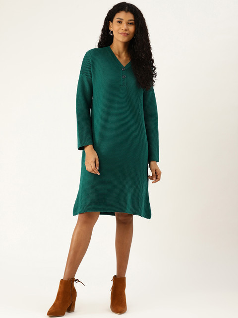 

American Eye Women Teal Green Ribbed Jumper Dress