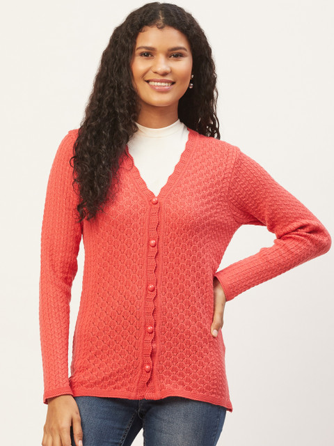 

American Eye Women Coral Orange Self Design Cardigan