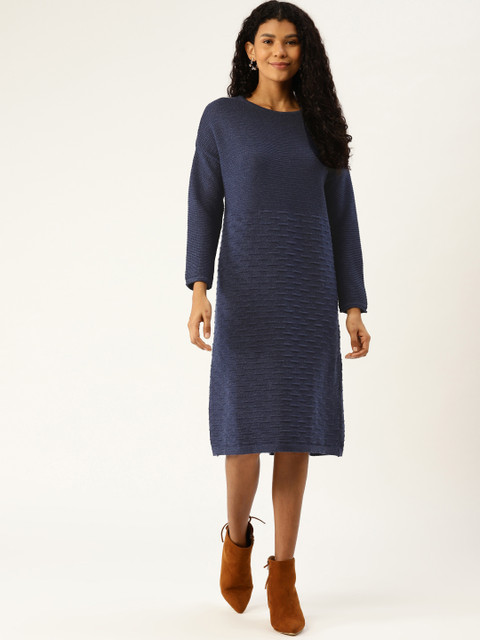

American Eye Women Navy Blue Self Design Jumper Dress