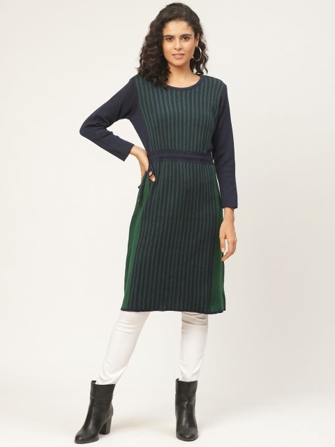 

American Eye Women Navy Blue & Green Striped Longline Sweater