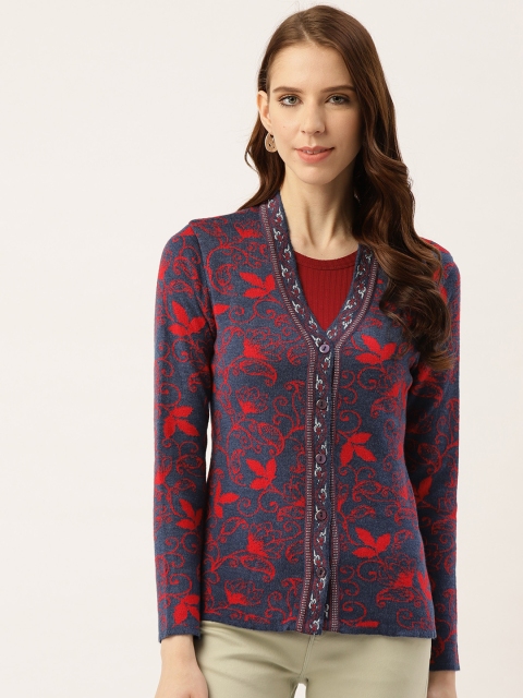 

American Eye Women Navy Blue & Red Self Design Cardigan