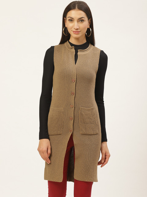 

American Eye Women Beige Solid Longline Cardigan