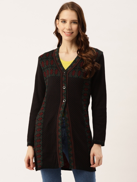 

American Eye Women Black & Maroon Self Design Longline Cardigan
