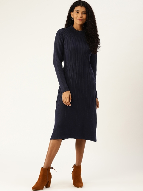 

American Eye Women Navy Blue Self-Striped Midi A-Line Jumper Dress