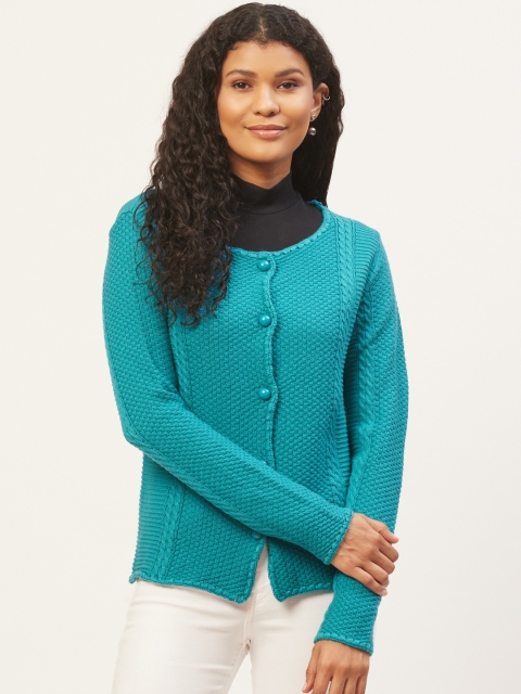 

American Eye Women Turquoise Blue Self Design Cardigan