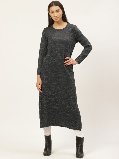 

American Eye Women Charcoal Grey Self Design Longline Sweater