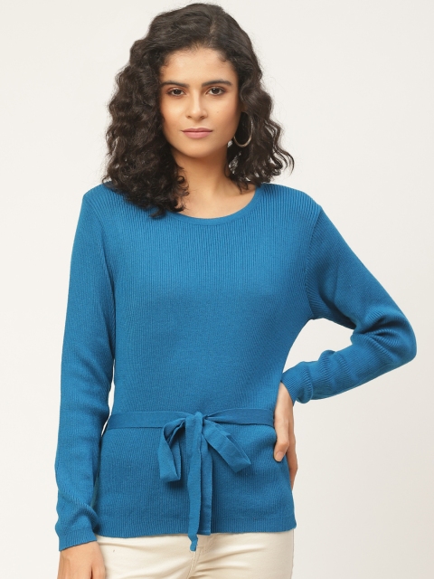 

American Eye Women Blue Ribbed Pullover Sweater With Belt