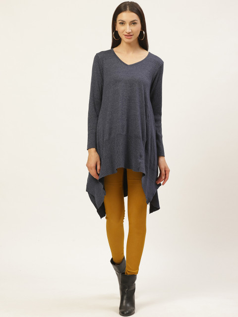 

American Eye Women Navy Blue Solid Longline Sweater