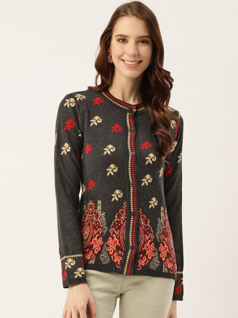 

American Eye Women Charcoal Grey & Red Self Design Cardigan