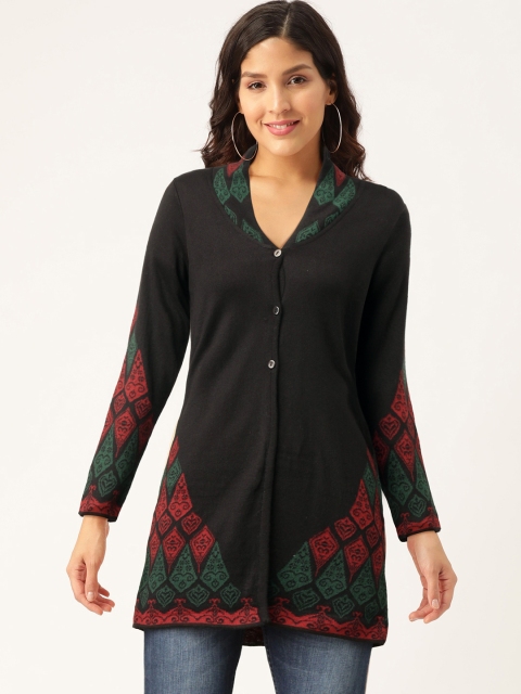 

American Eye Women Black & Red Printed Cardigan Longline Sweater