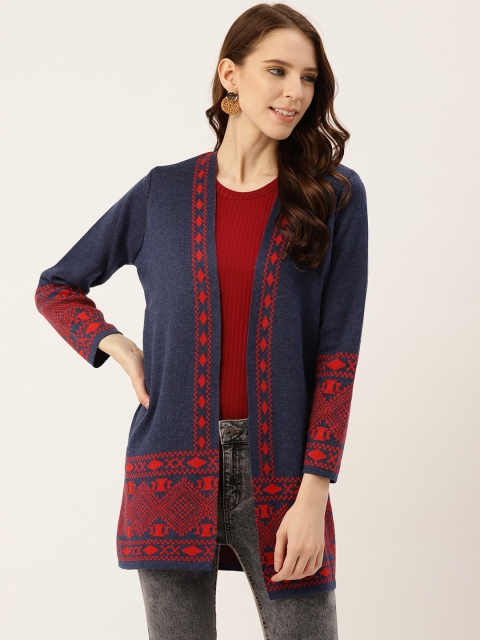 

American Eye Women Navy Blue & Red Self Design Front-Open Sweater