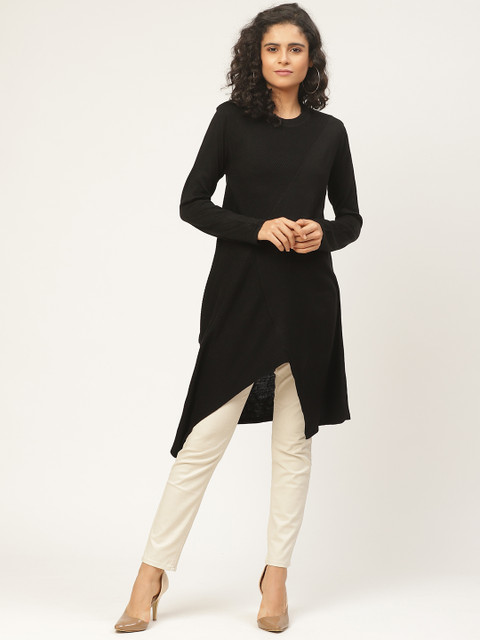 

American Eye Women Black Ribbed Longline Pullover
