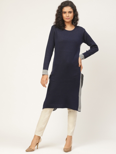 

American Eye Women Navy Blue Solid Straight Winter Kurta