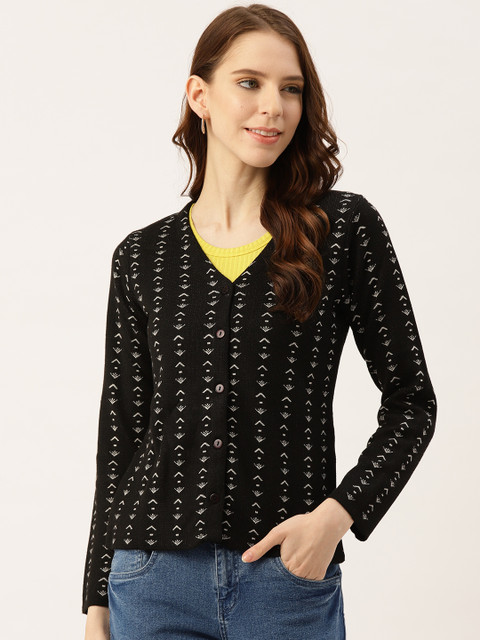 

American Eye Women Black & White Self Design Cardigan