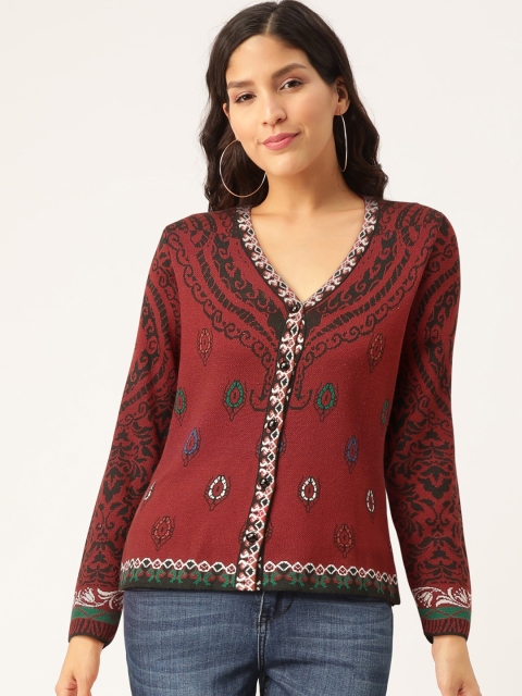

American Eye Women Maroon & Black Self Design Cardigan Sweater