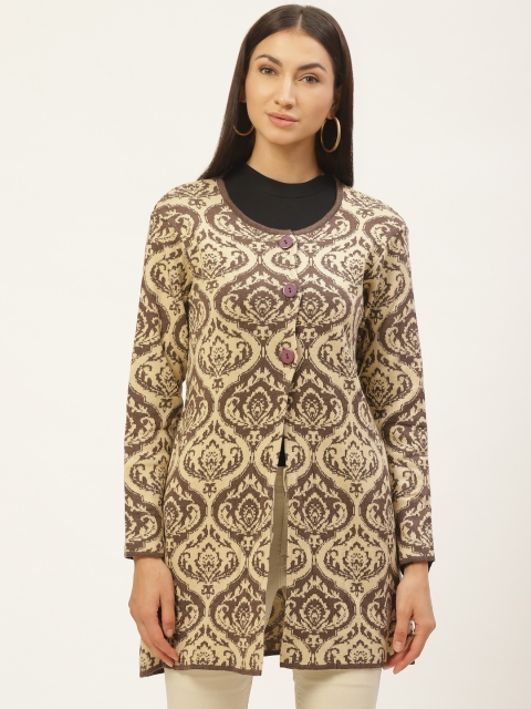 

American Eye Women Cream-Coloured & Brown Self-Design Cardigan