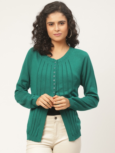 

American Eye Women Green Pleated Solid Cardigan Sweater