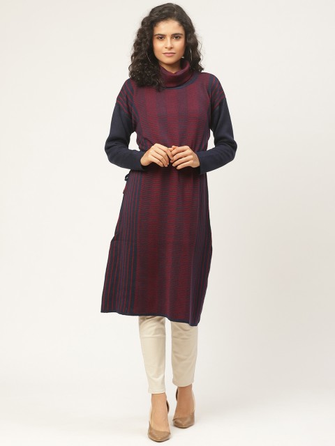 

American Eye Women Maroon & Navy Blue Striped Longline Sweater