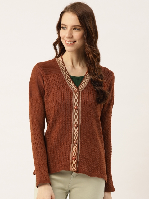 

American Eye Women Rust Brown Self Design Cardigan