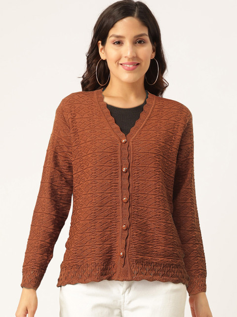 

American Eye Women Rust Orange Self Design Cardigan