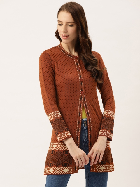

American Eye Women Rust Orange & Black Self Design Longline Cardigan