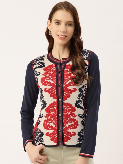 

American Eye Women White & Navy Self Design Cardigan