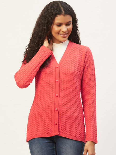 

American Eye Women Coral Orange Self Design Cardigan Sweater