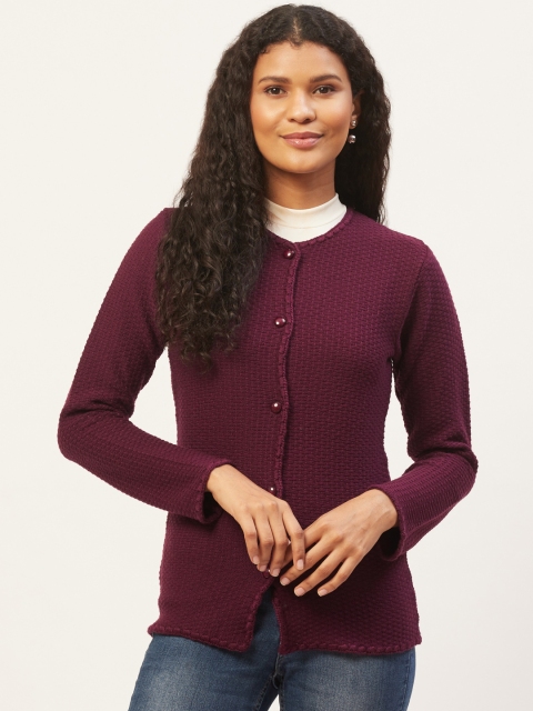 

American Eye Women Burgundy Self Design Cardigan