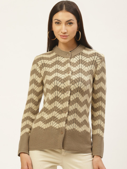 

American Eye Women Beige & Cream-Coloured Chevron Cardigan