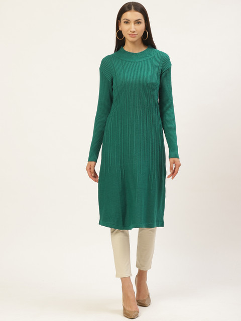 

American Eye Women Teal Green Self-Design Winter A-Line Kurta