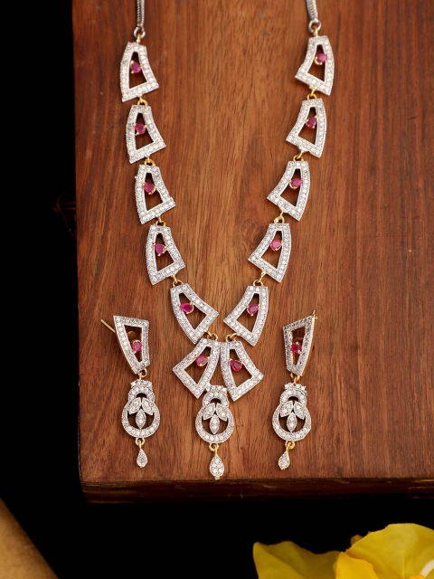 

Bhana Fashion Gold-Plated White & Magenta Pink AD-Studded Jadau Jewellery Set