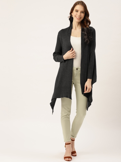 

American Eye Women Charcoal Grey Ribbed Longline Asymmetric Front-Open Sweater