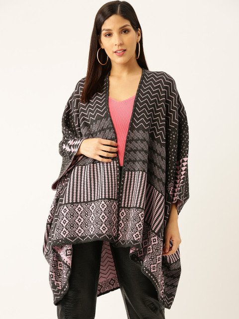 

American Eye Women Charcoal Grey & Pink Self Design Open Front Winter Shrug