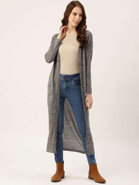 

American Eye Women Charcoal Grey & White Self Design Longline Open Front Acrylic Winter Shrug