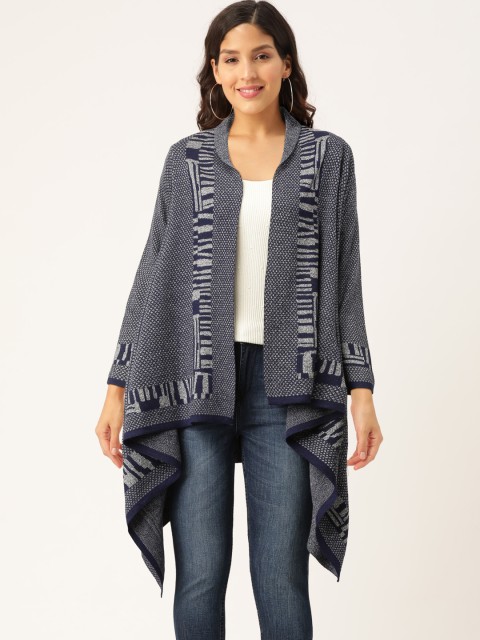 

American Eye Women Navy Blue and Grey Melange Self Design Front-Open Sweater