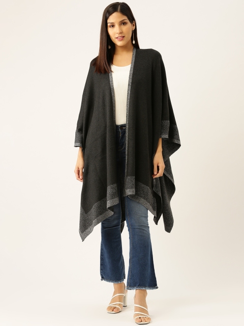 

American Eye Women Charcoal Grey Solid Longline Open Front Cape Winter Shrug