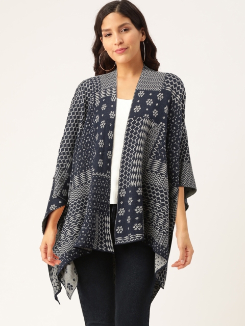

American Eye Women Navy Blue and Grey Melange Self Design Front-Open Sweater