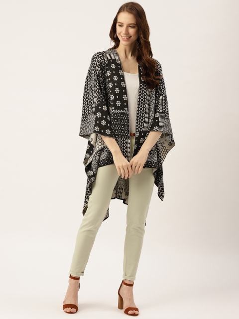 

American Eye Women Black & Off-White Self Design Waterfall Winter Shrug