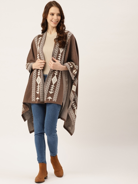 

American Eye Women Brown & White Self Design Longline Asymmetric Front-Open Sweater