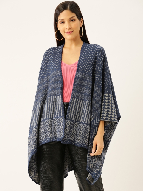 

American Eye Women Navy Blue & White Self Design Open Front Acrylic Winter Shrug