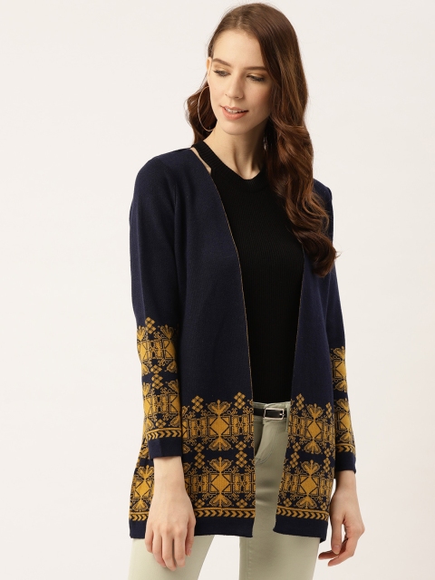 

American Eye Women Navy Blue & Mustard Yellow Self Design Longline Front-Open Sweater