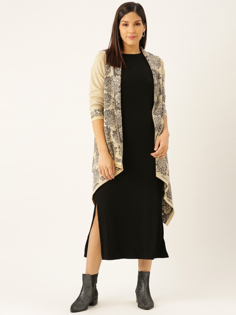 

American Eye Women Cream-Coloured & Charcoal Grey Woven Design Open Front Winter Shrug