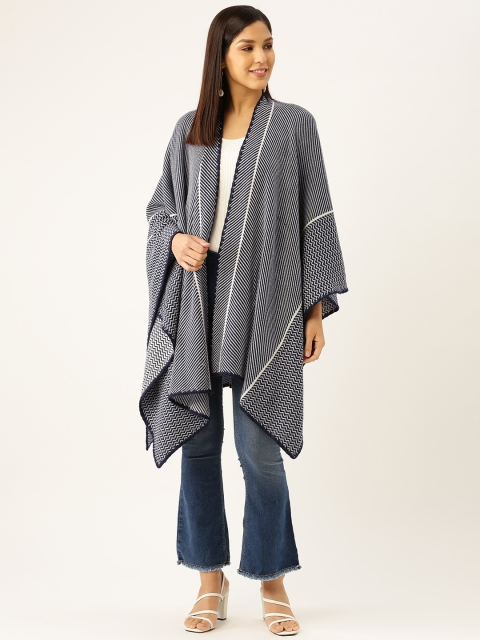 

American Eye Women Navy Blue & White Striped Waterfall Shrug